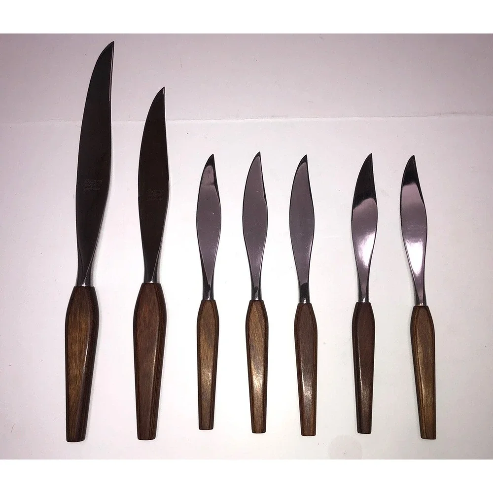 Vintage MCM Fleetwood Teak Handles 5 Pc Steak Knife & 2 Carving Knife Set‎